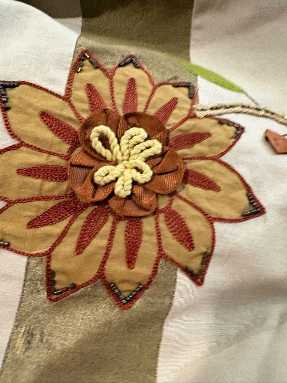 Pier 1 Striped Floral Table Runner in Brown green orange and Cream beads embroid